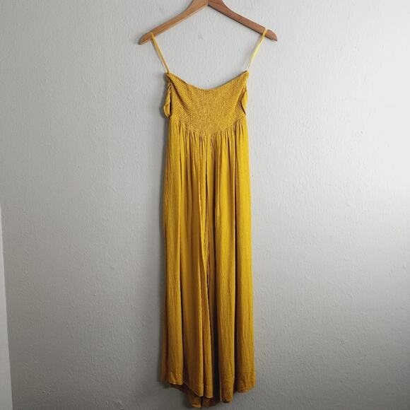 UO Candy Tie-Front Strapless Jumpsuit Cropped Wide Leg Mustard S 70s - Picture 11 of 14